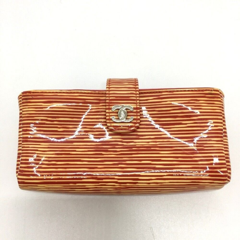 AUTHENTIC CHANEL CC CC Mark Striped Pouch Patent Leather RedBased